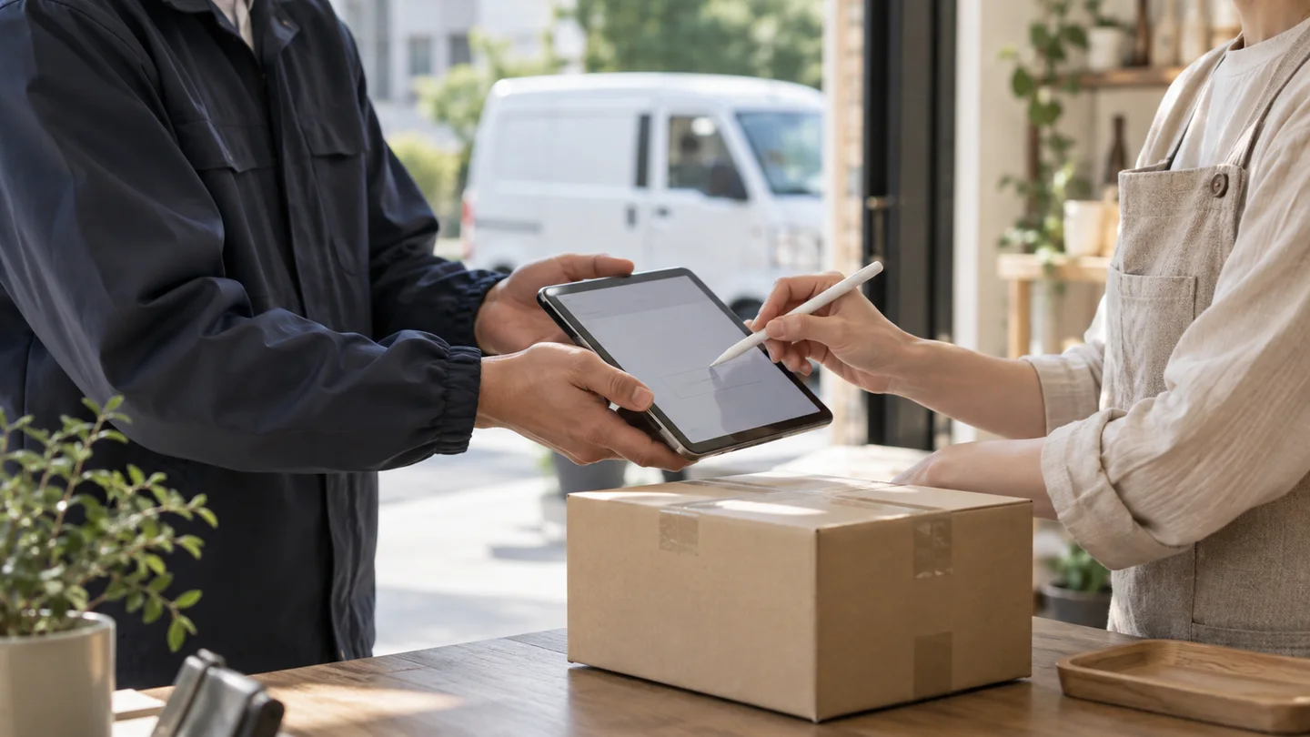 荷物の横でタブレットに受領確認を入力する手元