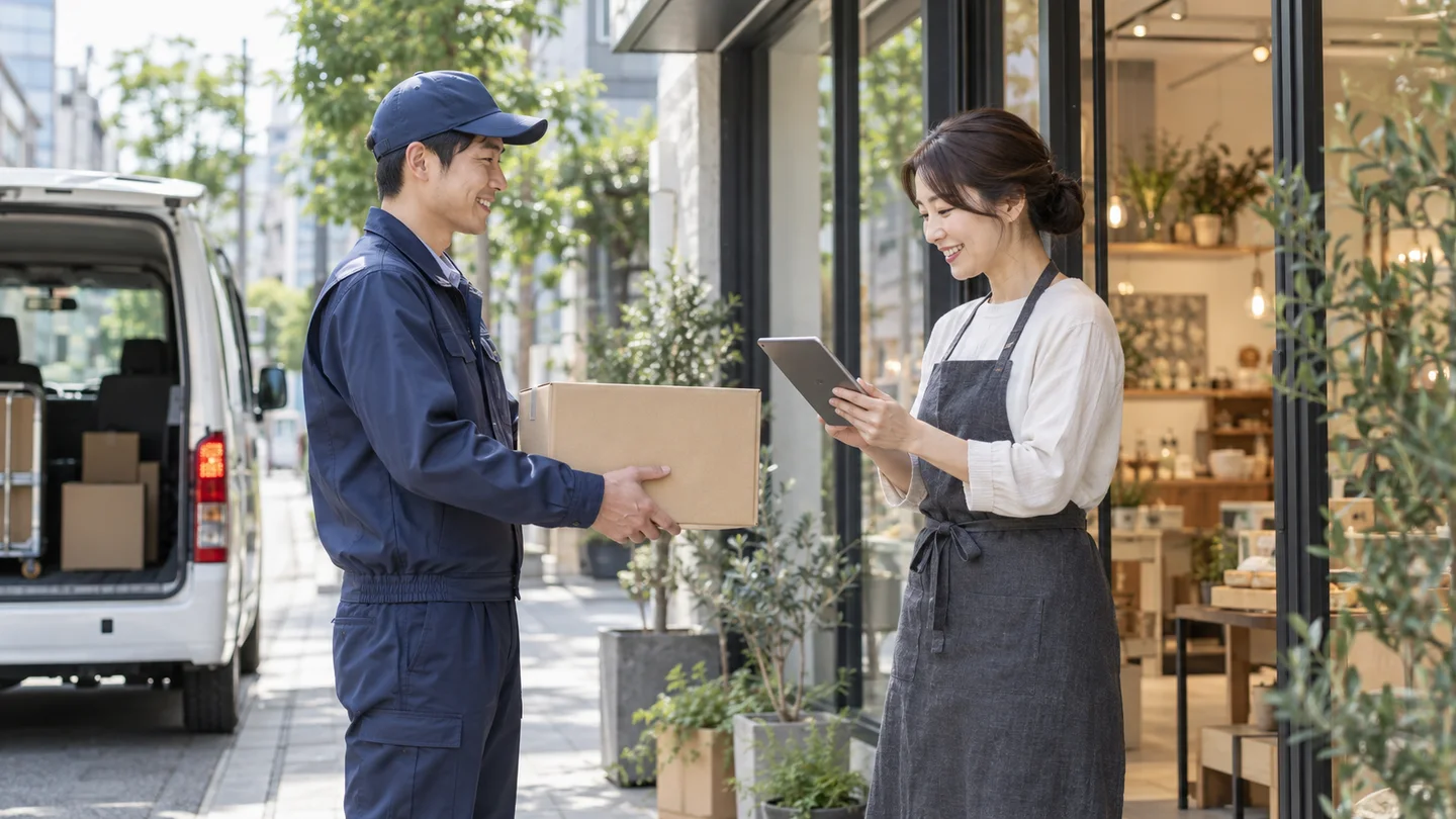 店舗の入口で配送担当者が荷物を渡し受領を確認する場面