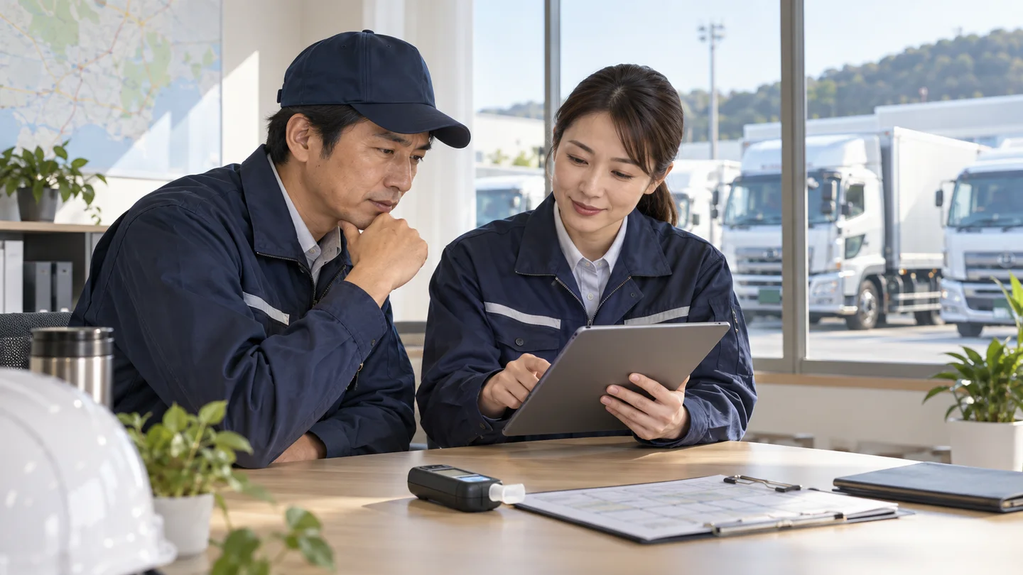 運送会社の事務所で運行管理者と運転者が予定を確認する場面