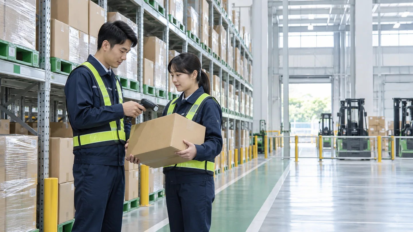 整然とした倉庫の棚で作業者が商品のバーコードを確認する場面